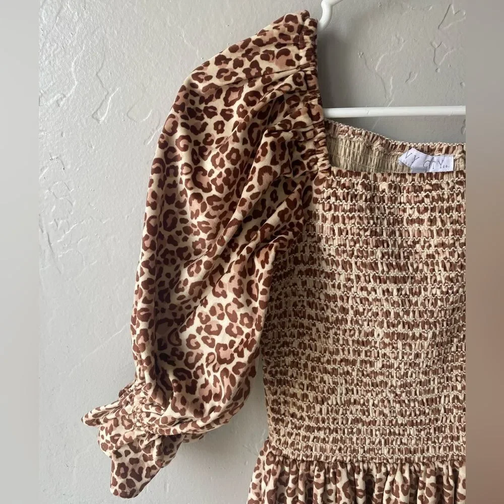 Ivy City Co. Wild One Smocked Boddice Leopard Print Puff Sleeve Velvet Dress